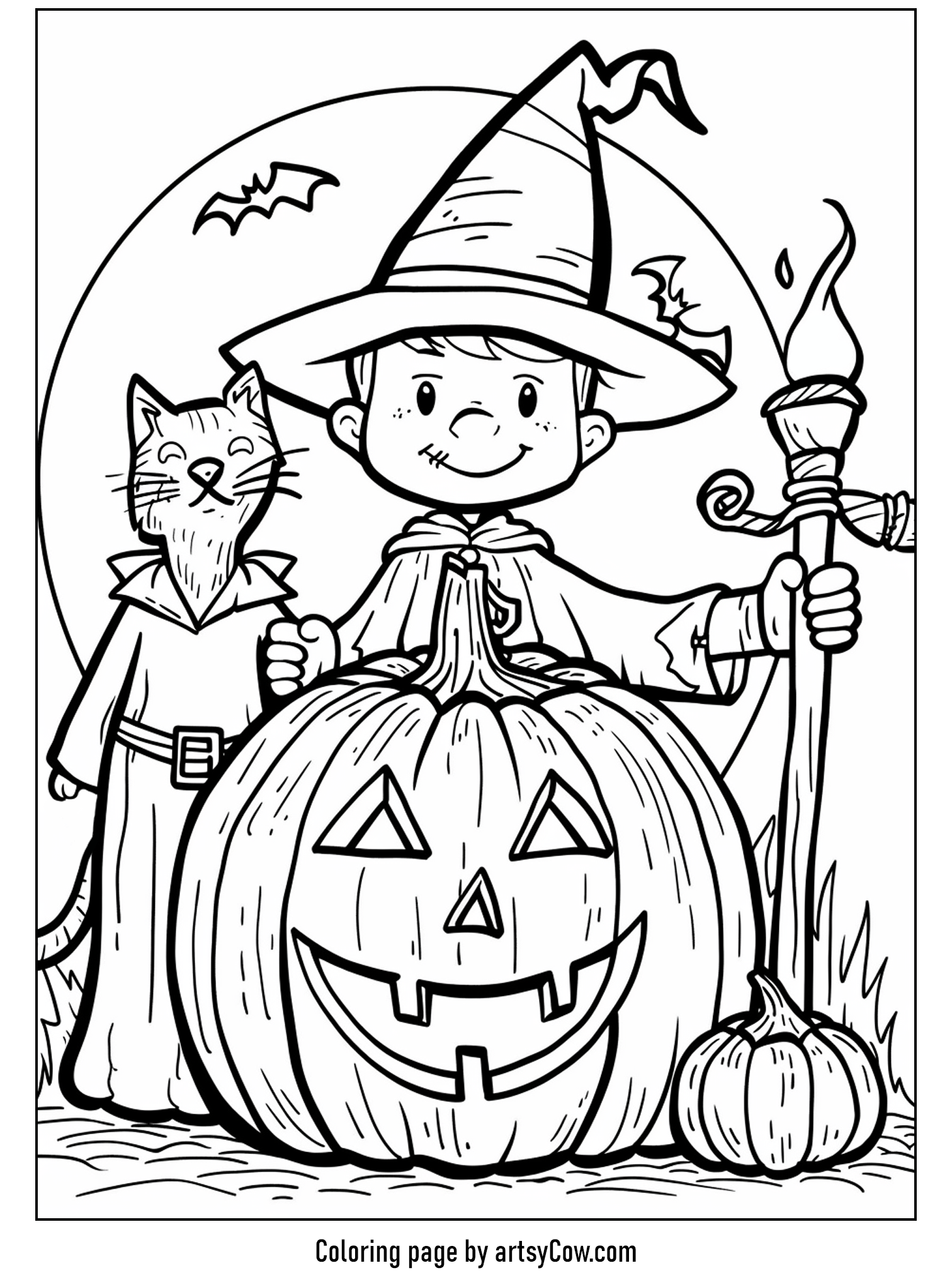 Wizard and Cat with Smiling Pumpkin